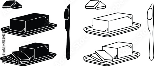 Stick of Butter and Knife Clipart Set - Outline and Silhouette