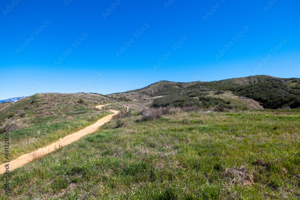 A Hiking and Biking Trail in the California Crafton Hills Near Yucaipa after a Wet Winter with Grass Growing