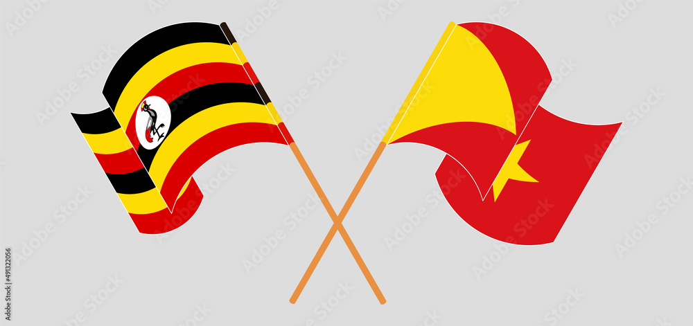 Crossed and waving flags of Uganda and Tigray Crossed and waving flags of Uganda and Tigray