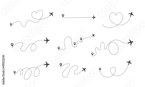 Airplane dashed lines path with start point and dash line trace vector set