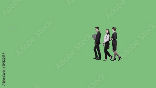 Office workers in business clothes walk through the frame and talk. Transparent background (PNG+Alpha)