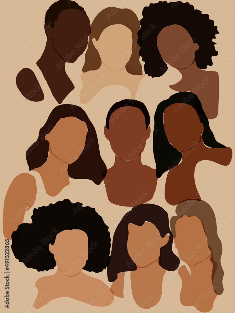 Nine elegant silhouettes of girls and women in a minimalist boho style. Women of different skin and hair style together. International Women's Friendship and the movement for women's rights.