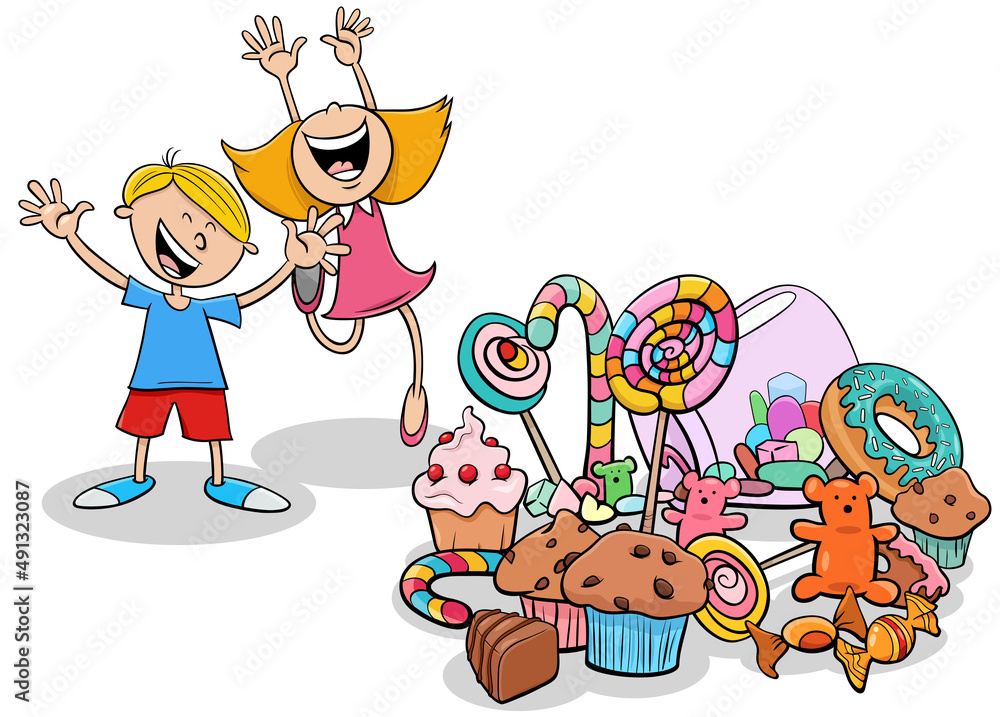 cartoon children characters and a pile of sweets