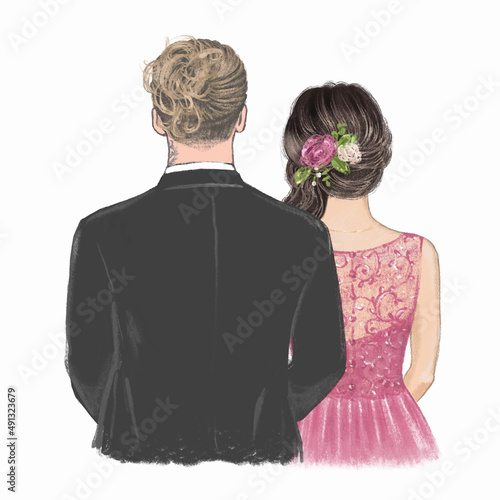 Groomsman with bridesmaid hand drawn Illustration