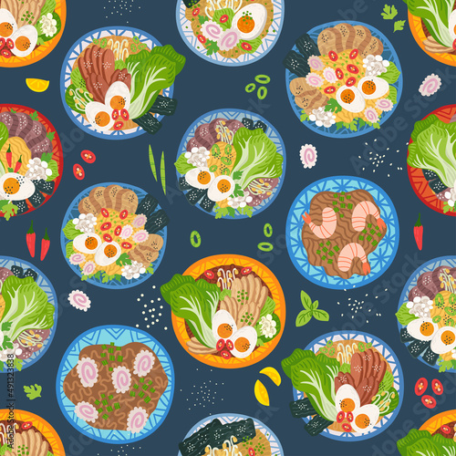 Seamless pattern. Ramen, udon, noodles on table. Top view. Vector illustration. Japanese soup, Ingredients in flat style. Asian food: miso, nori, soybean sprouts, kamaboko, enoki, bok choy.