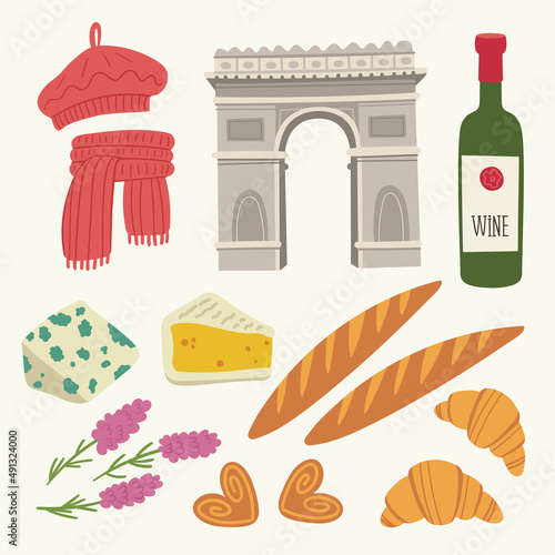 Flat vector illustration with traditional symbols of France, food and architecture. French cuisine. Set with croissant, baguette, beret, pastries, wine, cheese. Paris landmarks. Arc de Triomphe.