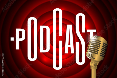 Online podcast banner concept. Poster for radio station with retro microphone and inscription on red vintage circles background. Music art show eps illustration. On air broadcasting advertising flyer