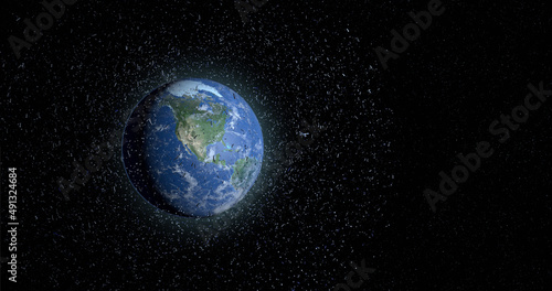 Space debris floating in the orbit of planet Earth. Old satellites, rockets of support, pieces of metal are a threat because they can collide with the new satellites. 3D illustration