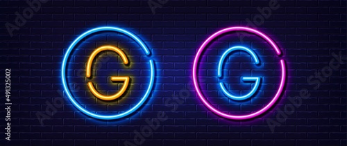 Initial letter G icon. Neon light line effect. Line typography character sign. Large first font letter. Glowing neon light element. Letter G glow 3d line. Brick wall banner. Vector
