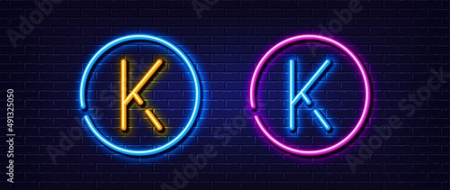 Initial letter K icon. Neon light line effect. Line typography character sign. Large first font letter. Glowing neon light element. Letter K glow 3d line. Brick wall banner. Vector