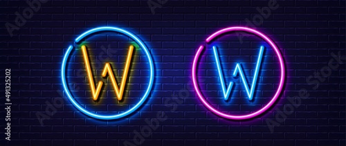 Initial letter W icon. Neon light line effect. Line typography character sign. Large first font letter. Glowing neon light element. Letter W glow 3d line. Brick wall banner. Vector