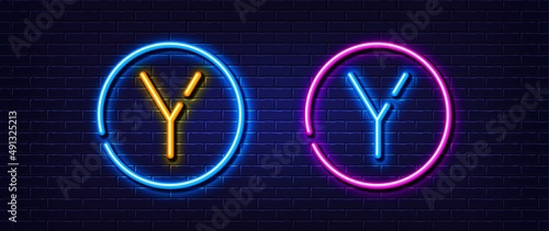 Initial letter Y icon. Neon light line effect. Line typography character sign. Large first font letter. Glowing neon light element. Letter Y glow 3d line. Brick wall banner. Vector