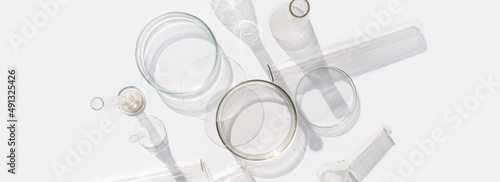 Banner Natural medicine, cosmetic research, bio science, organic skin care products. Top view, flat lay. Skincare. Scientific laboratory glassware. Research and development Concept.