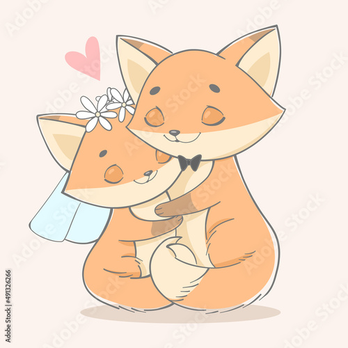 Vector illustration wedding animals. Foxes are in love.