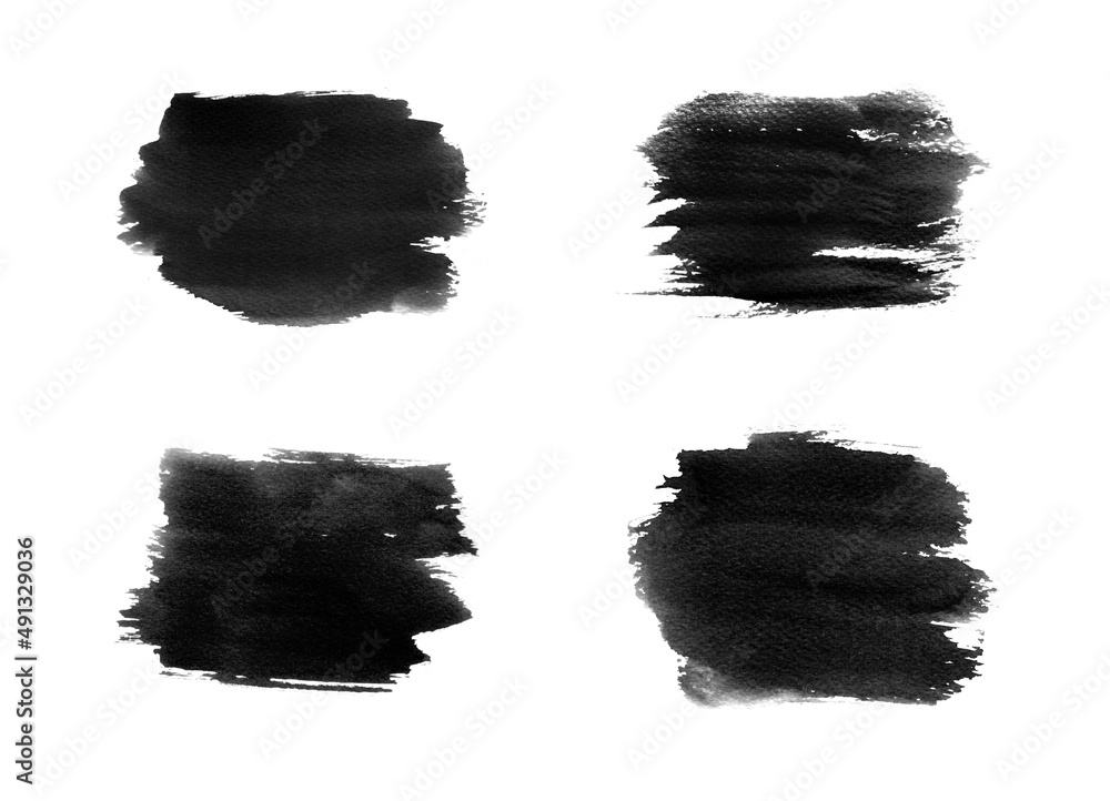 Set of watercolor black backgrounds. Water color textured backdrops with dry edges, brush strokes stain, spot. Abstract blotch smudge, monochrome blob, inkblot wash bundle