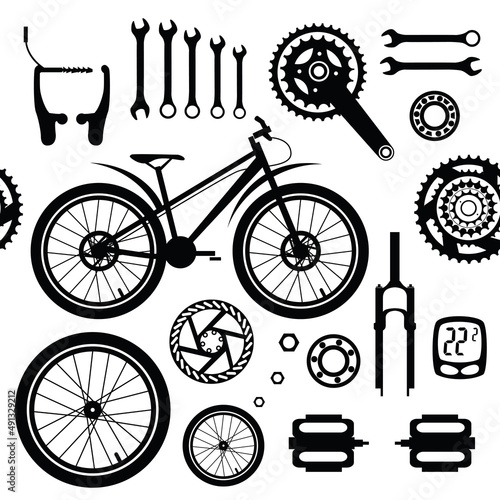 Bicycles. Seamless pattern with bicycle spare parts for print, web design. Isolated objects. Vector image. 