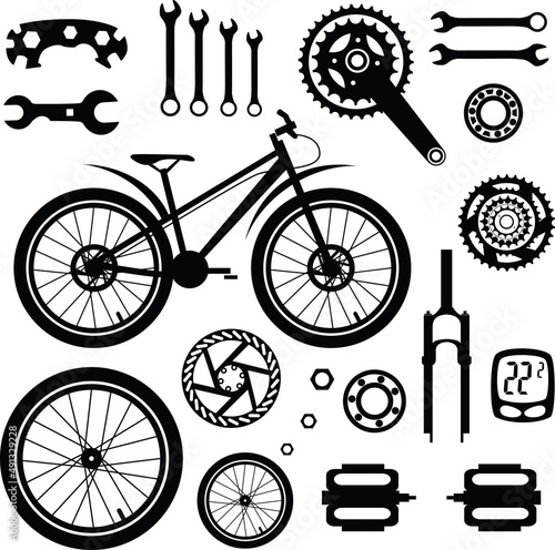 Bicycles. Seamless pattern with bicycle spare parts for print, web design. Isolated objects. Vector image. 