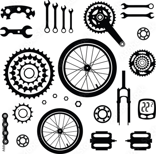 Bicycles. Seamless pattern with bicycle spare parts for print, web design. Isolated objects. Vector image. 