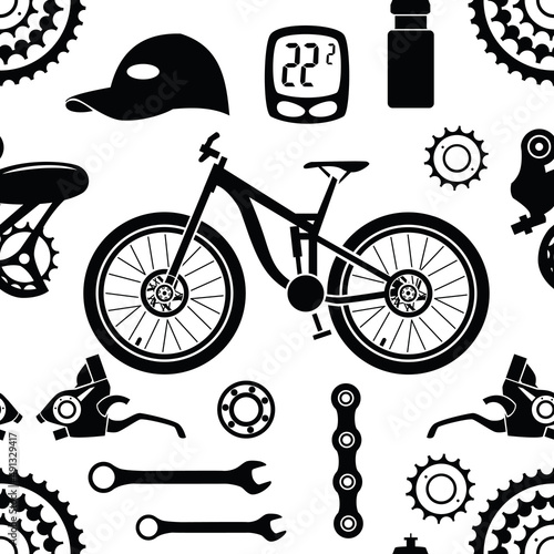 Bicycles. Seamless pattern with bicycle spare parts for print, web design. Isolated objects. Vector image. 