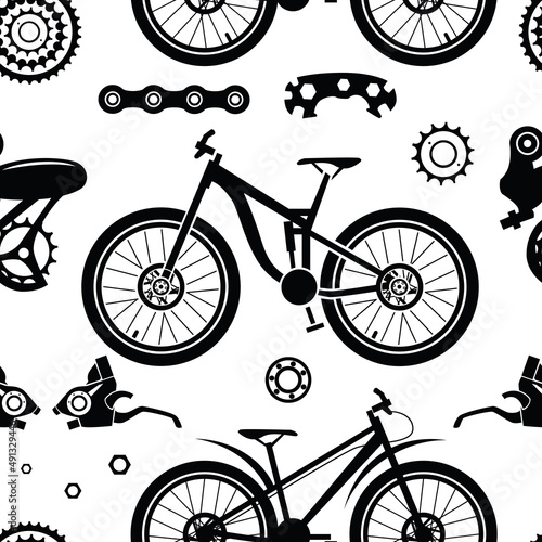 Bicycles. Seamless pattern with bicycle spare parts for print, web design. Isolated objects. Vector image. 