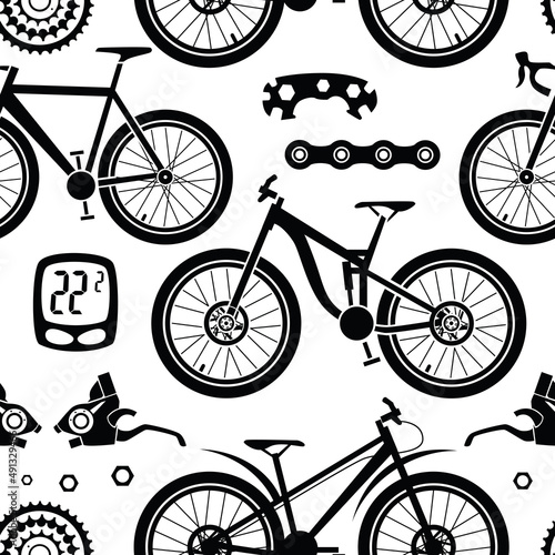 Bicycles. Seamless pattern with bicycle spare parts for print, web design. Isolated objects. Vector image. 