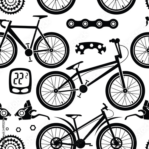 Bicycles. Seamless pattern with bicycle spare parts for print, web design. Isolated objects. Vector image. 