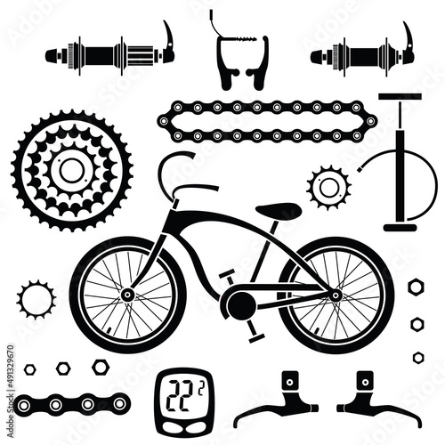 Bicycles. Seamless pattern with bicycle spare parts for print, web design. Isolated objects. Vector image. 