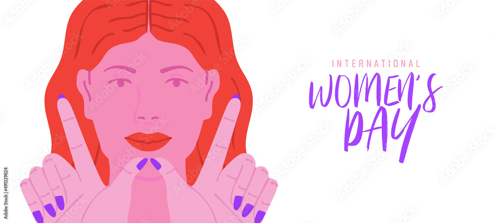 Obraz premium International Women's Day greeting card illustration of beautiful pink woman doing w letter sign with hands. Modern female rights design for march 8 event.