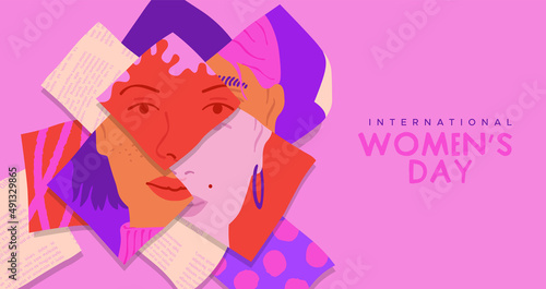 International Women's Day greeting card illustration of diverse young woman photo collage in flat cartoon style. Female rights or girl identity concept for march 8 event.