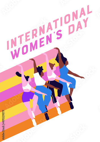 International women's day greeting card illustration of diverse young woman friends jumping together. Modern march 8 event design for female rights.