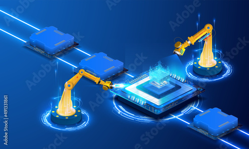 Futuristic microchip processor with on blue background. Developer of technologies for electronic devices on a microchip or microprocessor, hardware engineering. Quantum computer, big data processing.
