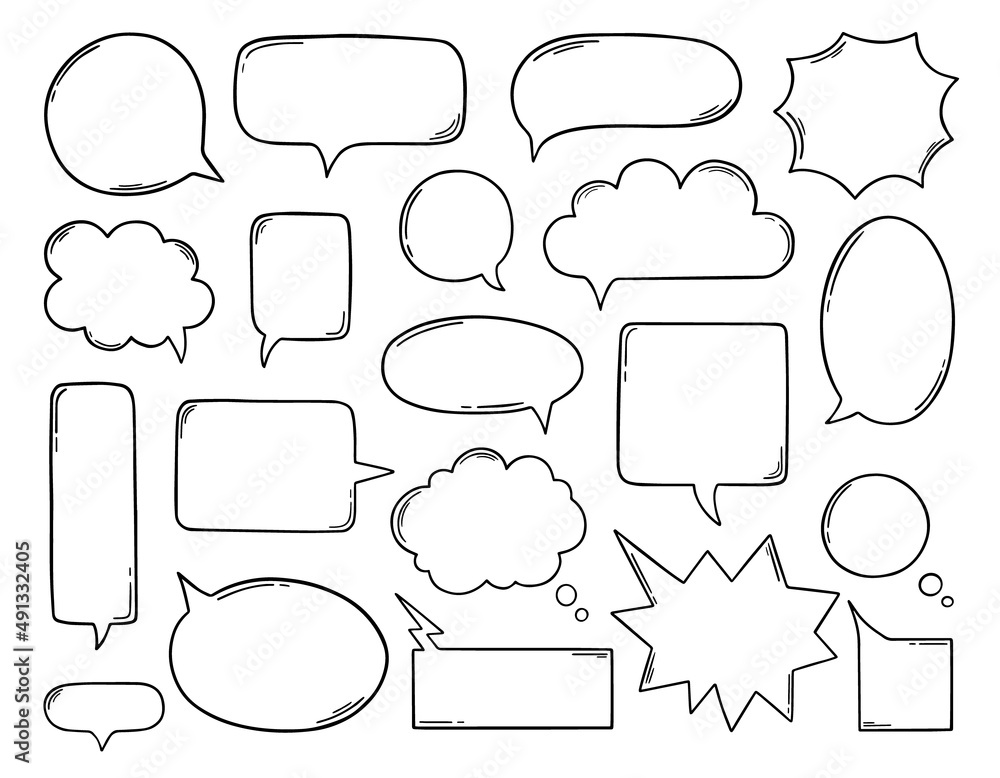 Hand drawn set of speech bubble sketch doodle. Handwritten phrases ok, yes, thank you, wow, hello, love, sorry. Vector illustration isolated on white background. Hand drawn set of speech bubble sketch doodle. Handwritten phrases ok, yes, thank you, wow, hello, love, sorry. Vector illustration isolated on white background.