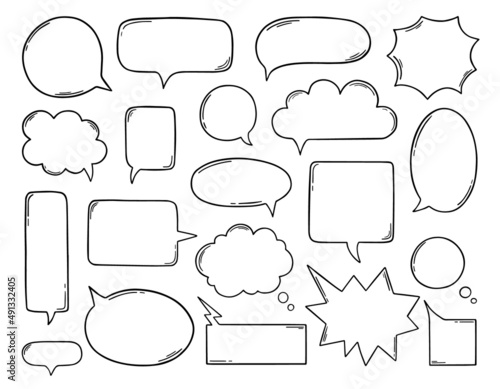 Hand drawn set of speech bubble sketch doodle. Handwritten phrases ok, yes, thank you, wow, hello, love, sorry. Vector illustration isolated on white background.