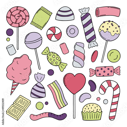 Hand drawn set of sweets and candies doodle. Lollipop, caramel, chocolate, marshmallow in sketch style.  Vector illustration isolated on white background.