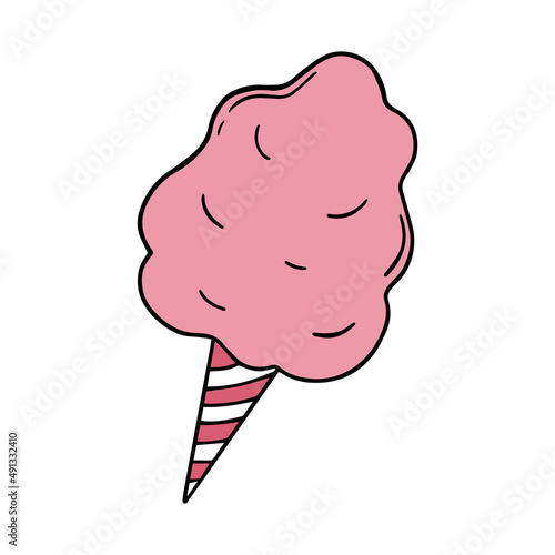 Hand drawn pink cotton candy doodle. Sweet cotton in sketch style.  Vector illustration isolated on white background.