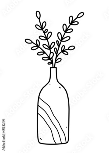 Cute vase with branches isolated on white background. Vector hand-drawn illustration in doodle style. Perfect for cards, decorations, logo.