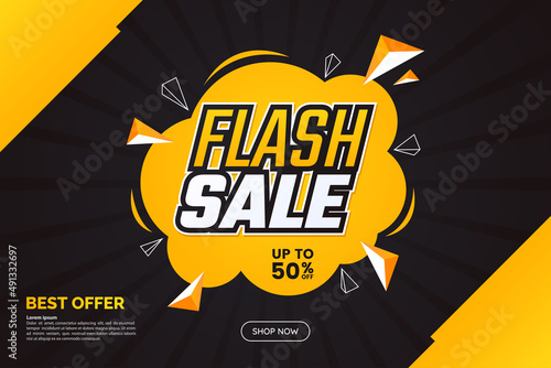 Flash sale banner design. Text on yellow speech bubble. Discount offer template. Promotion poster. Black friday deal. Vector illustration.