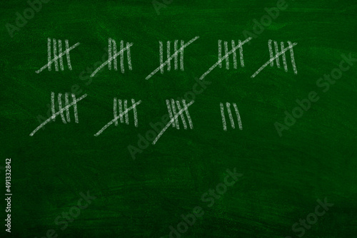 Tally marks on chalkboard greenboard blacboard handwritten