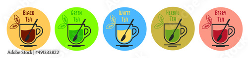 Icon set of tea cups with teaspoon, hot drink. Black, green, white, herbal, berry teas. Simple linear vector illustration in the form of a logo or emblem for the menu of a teahouse, restaurant or cafe
