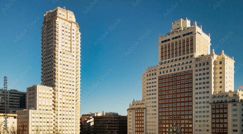 view of Madrid tower and Spain Tower at Plaza de España in Madrid. view of Madrid tower and Spain Tower at Plaza de España in Madrid.