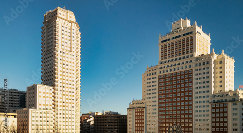 view of Madrid tower and Spain Tower at Plaza de España in Madrid.