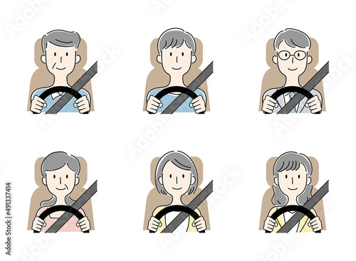 運転をする様々な人物のベクターイラストセット（左ハンドル）