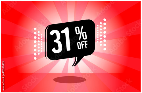 31% off. red banner with thirty one percent discount on a black balloon for mega big sales