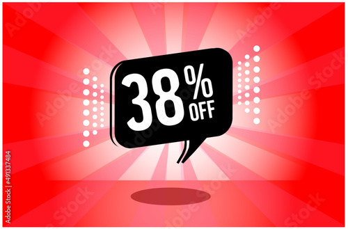 38% off. red banner with thirty eight percent discount on a black balloon for mega big sales. photo