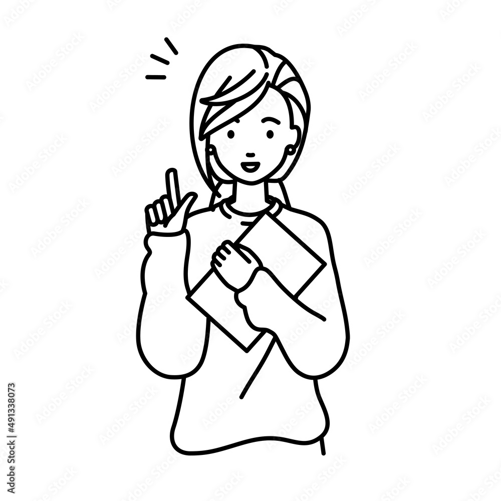 立って書類を手に持って何かひらめいたリモートワークの女性 立って書類を手に持って何かひらめいたリモートワークの女性