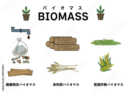 ３種類のバイオマスを分かりやすくイメージしたイラストセット