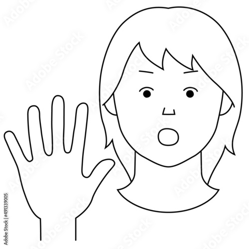 片手を前に突き出し「NO」の意思表示をする女性のイラスト（白背景・ベクター・線画・切り抜き）