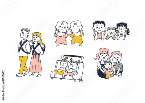 双子や兄弟の赤ちゃんのセット　コミカルな手書きの人物　ベクター、線画にシンプルな色つけ　