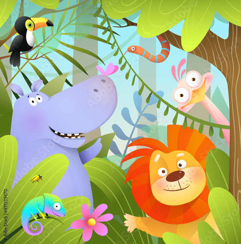 Funny wild African animals in Jungle forest, lion hippo zebra snake and toucan cute animals cartoon for kids in the tropical forest or savanna. Playful zoo scenery vector illustration for children. photo