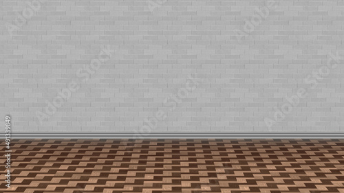 wood floor white brick wall background illustration 3d rendering